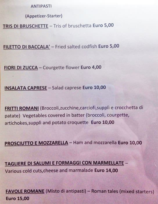 Menu di Favole romane 