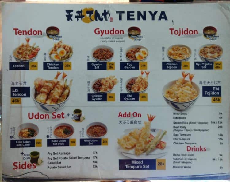 Tempura Tendon Tenya Menu, Menu for Tempura Tendon Tenya, Puri Indah