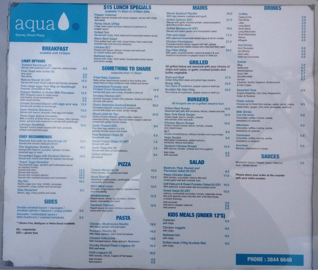 Aqua Menu, Menu for Aqua, South Brisbane, Brisbane Urbanspoon/Zomato