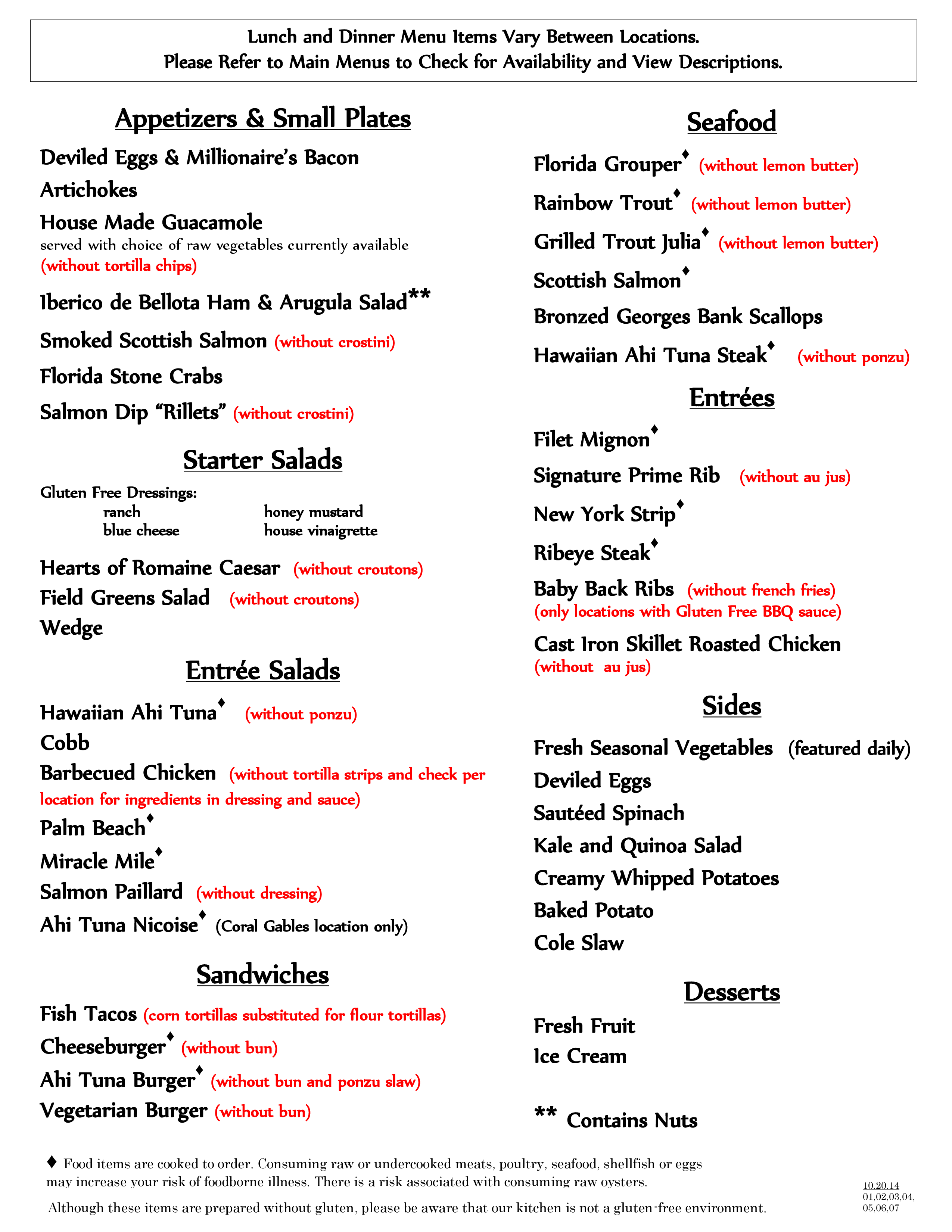 Menu at BrickTop's steakhouse, Coral Gables