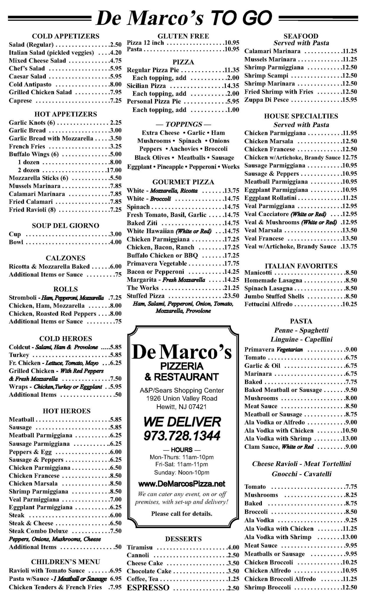 Menu at DeMarco's Pizzeria & Restaurant, West Milford