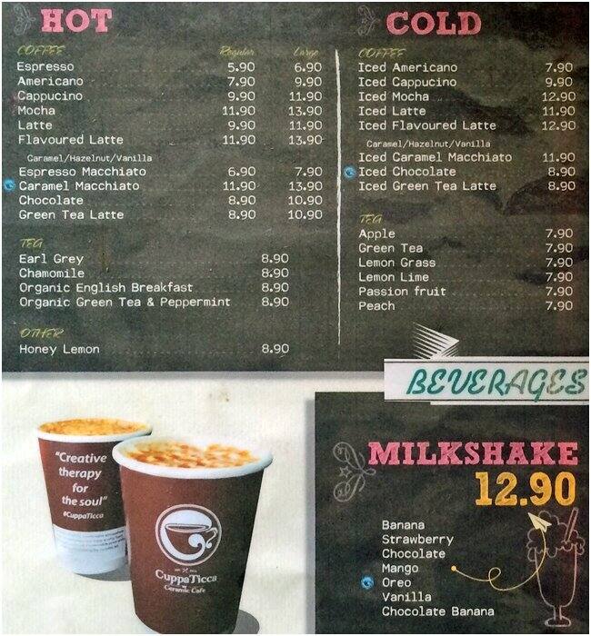 CuppaTicca Ceramic Cafe menu, Menu restauracji CuppaTicca Ceramic Cafe