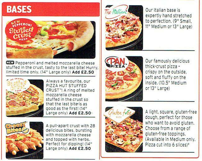 Pizza Hut Delivery menu, Menu restauracji Pizza Hut Delivery, Upminster