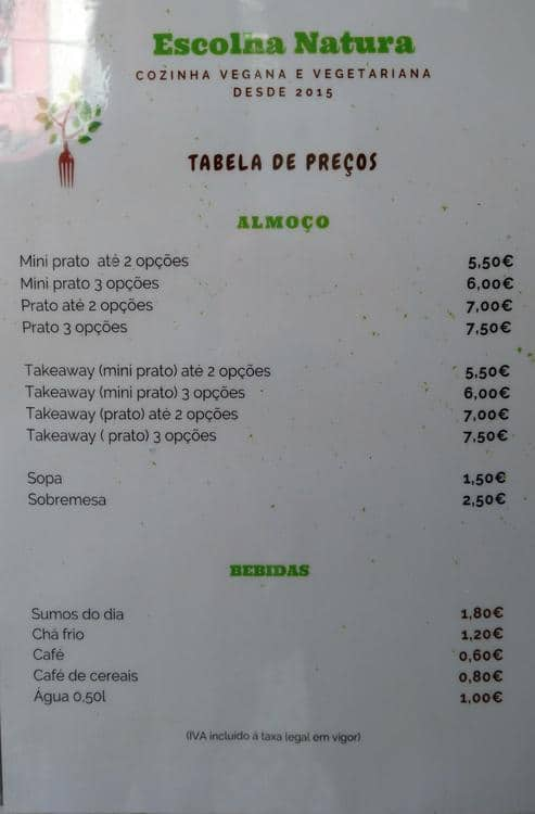 Menu at Escolha Natura restaurant, Lisbon