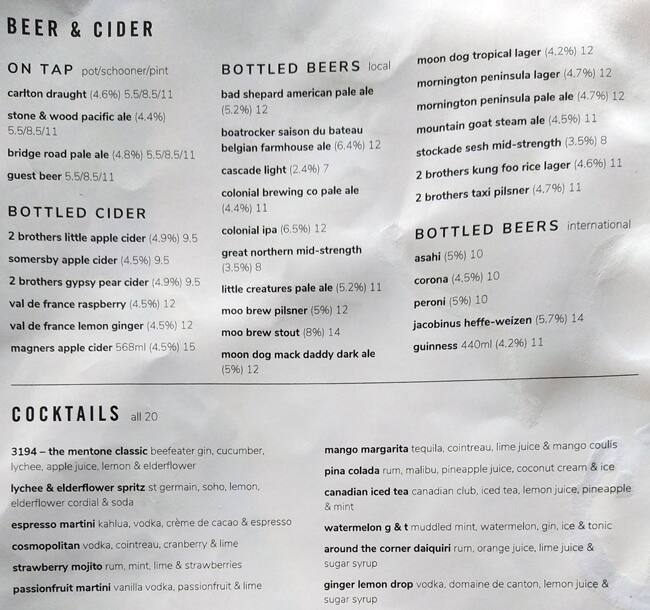 Menu at The Corner Store restaurant, Mentone