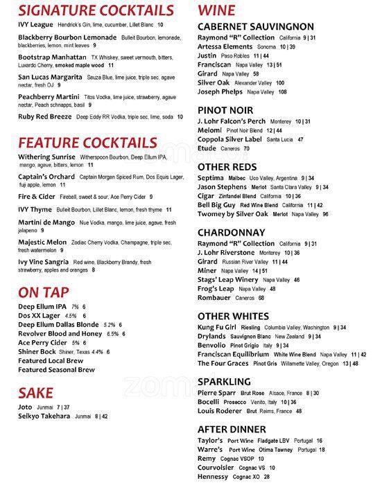 Ivy Kitchen Menu Menu For Ivy Kitchen Addison Addison