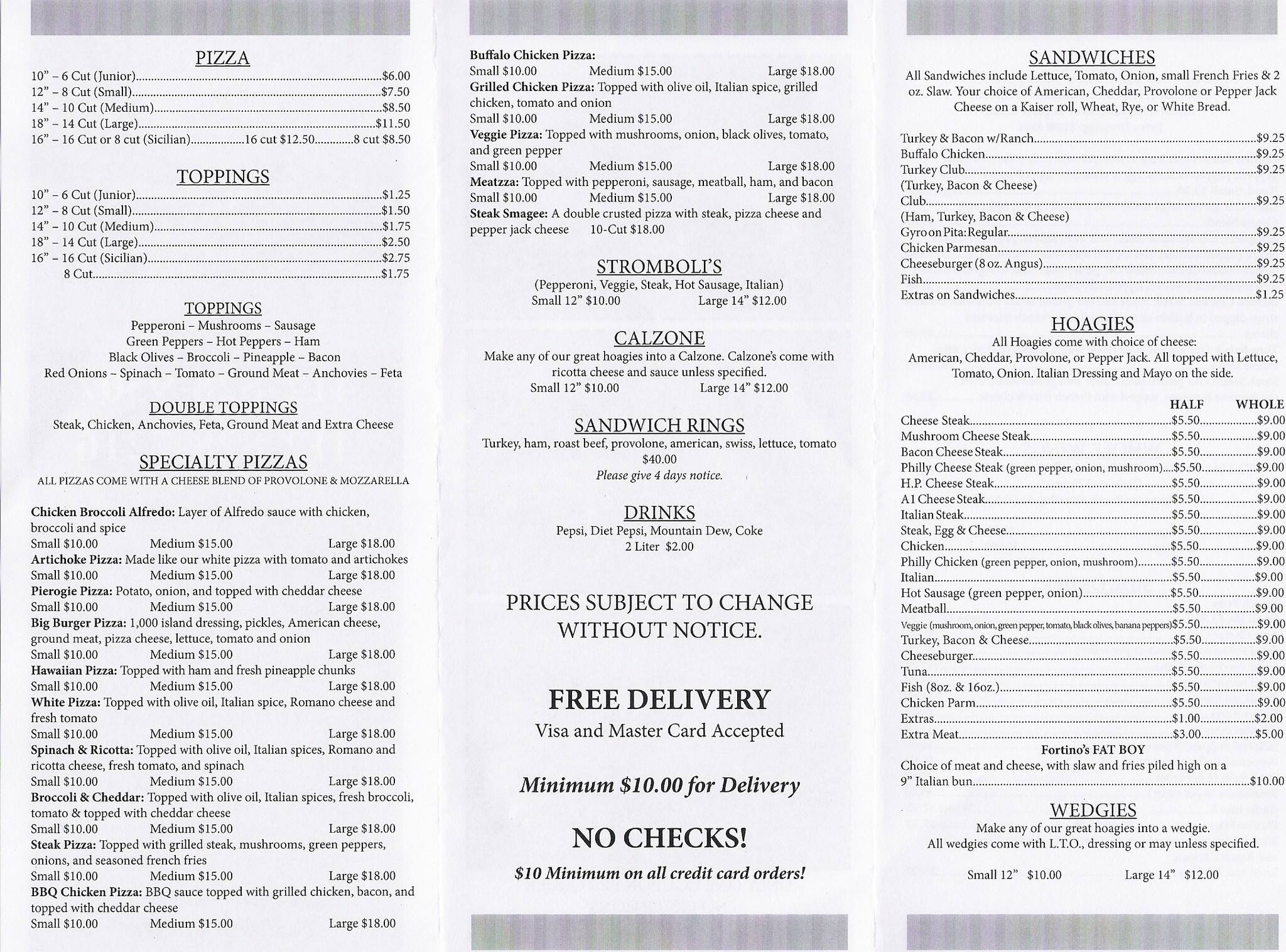 Fortino's Pizza menu, Menu restauracji Fortino's Pizza, Oakmont