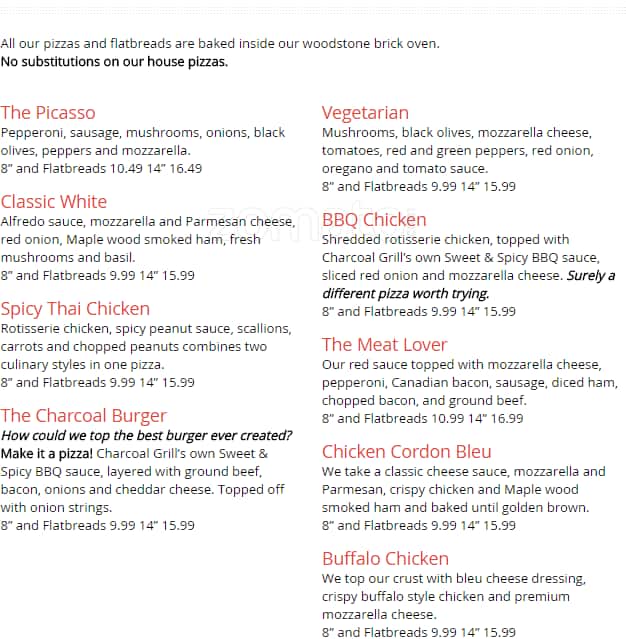 Menu at Charcoal Grill pizzeria, Burlington