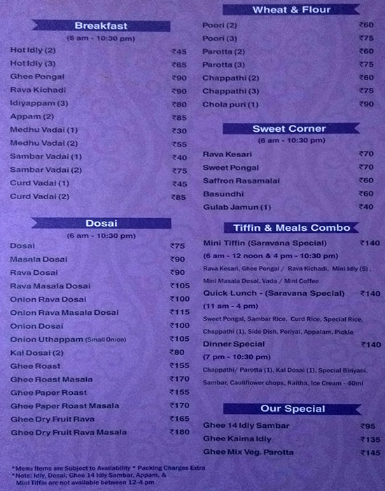 Saravana Bhavan menu