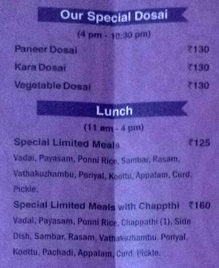 Saravana Bhavan menu