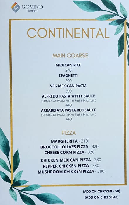 Hotel Govind Garden menu