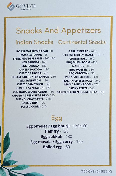 Hotel Govind Garden menu