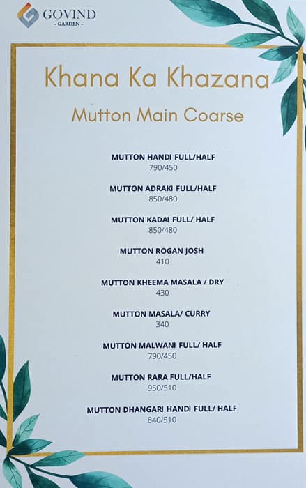 Hotel Govind Garden menu