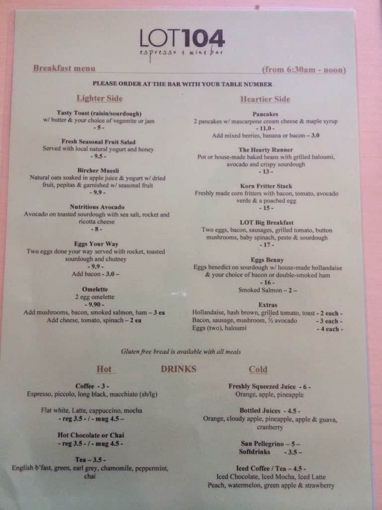 Lot 104 Espresso and Wine Bar Menu Urbanspoon/Zomato