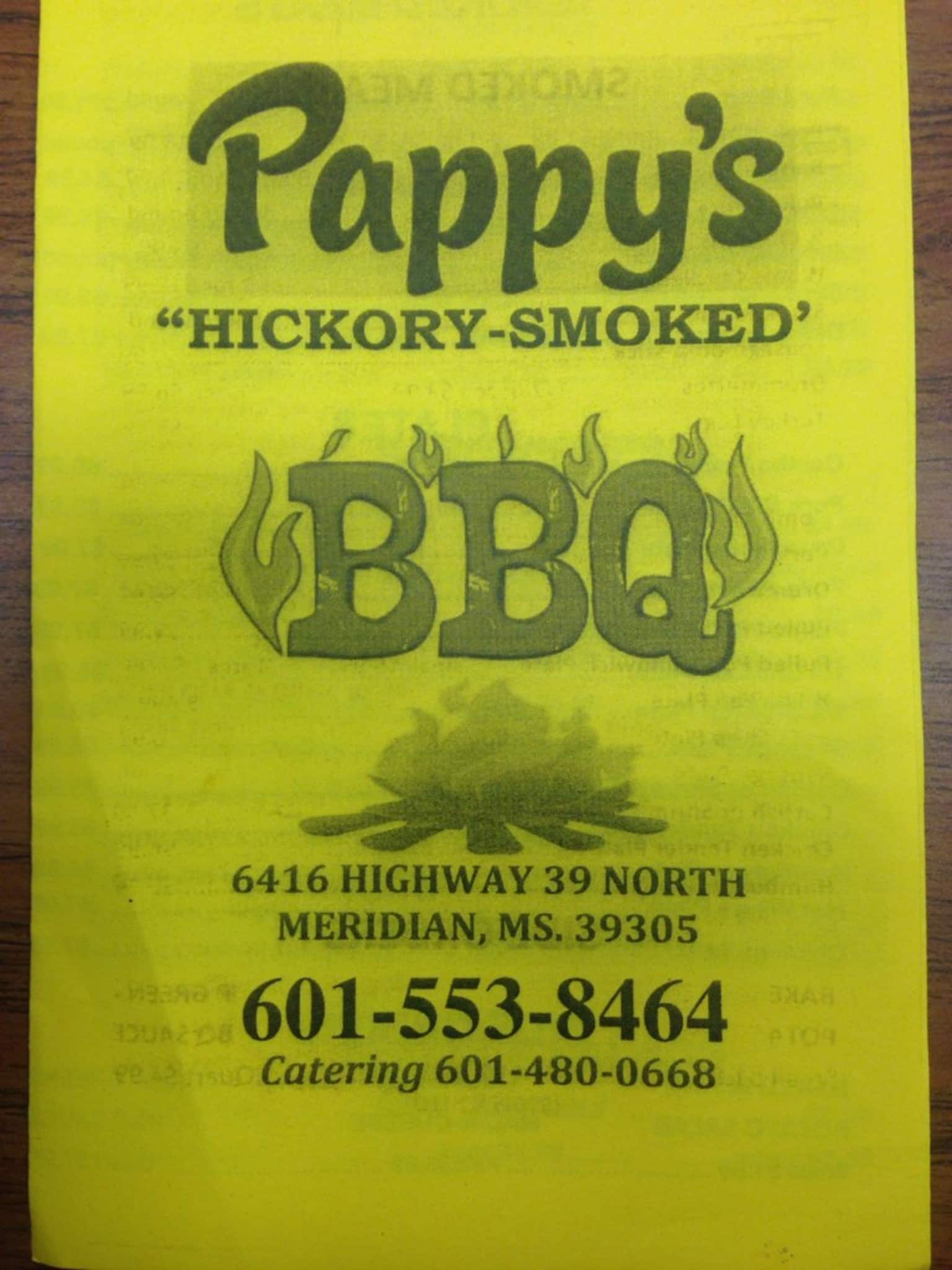 Menu at Pappy's BBQ, Meridian