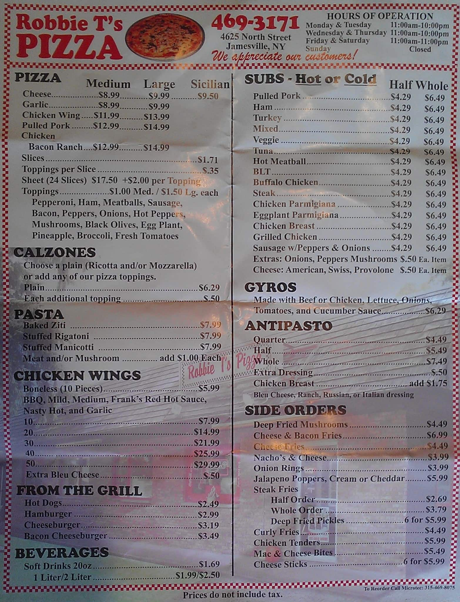 Menu At Robbie T's Pizza Pizzeria, Jamesville