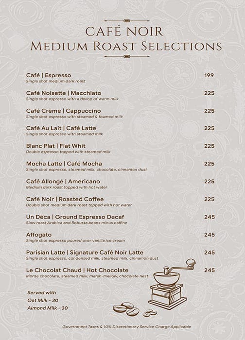 Menu of Cafe Noir Indiranagar Bangalore