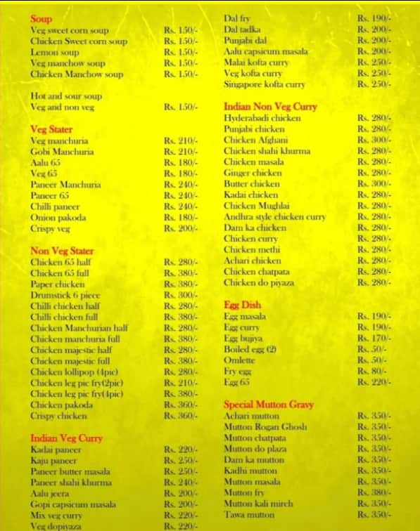 Menu of The Grand Plaza Hotel, Abids, Hyderabad