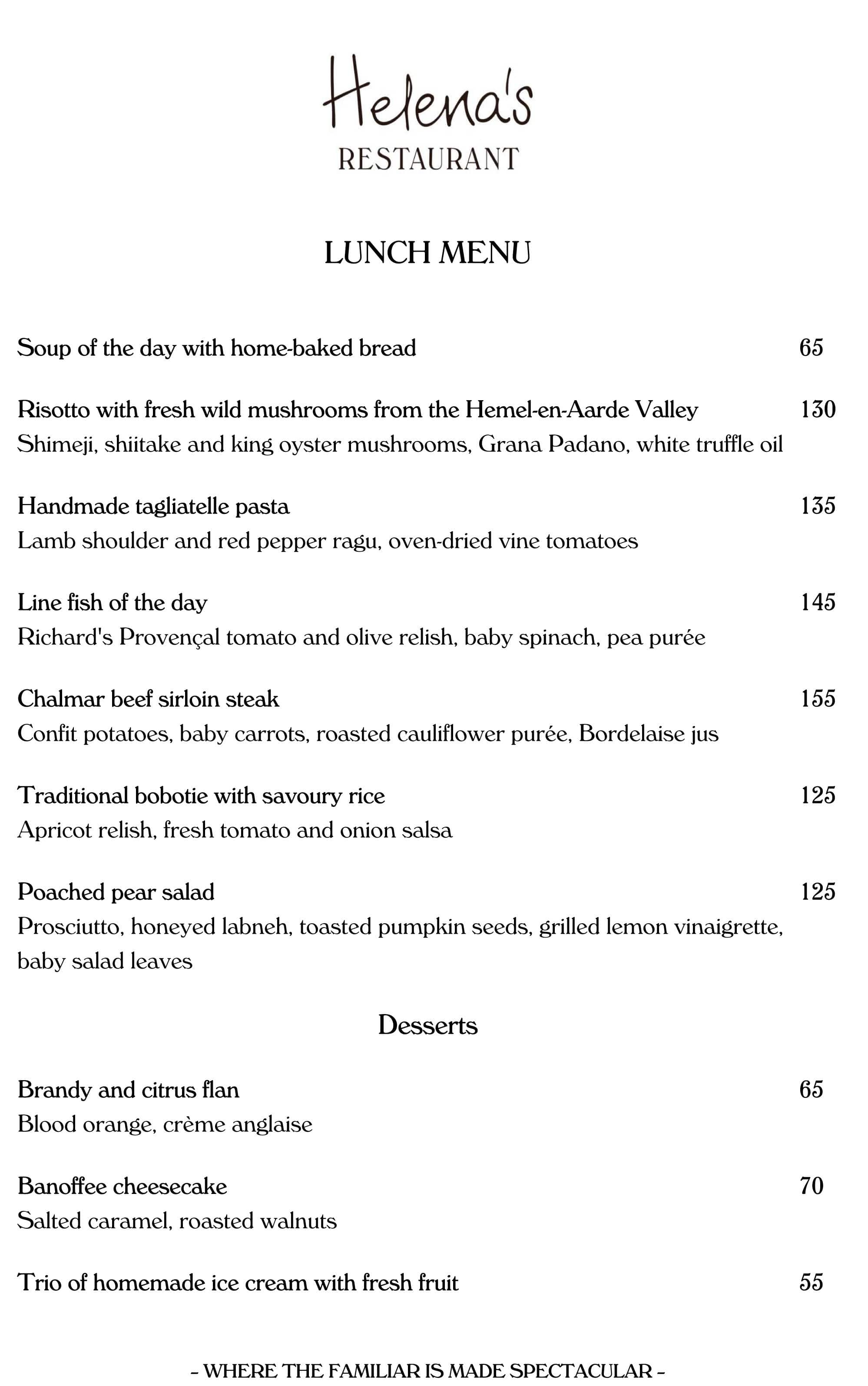 Helenas Restaurant Menu, Menu for Helenas Restaurant, Stellenbosch
