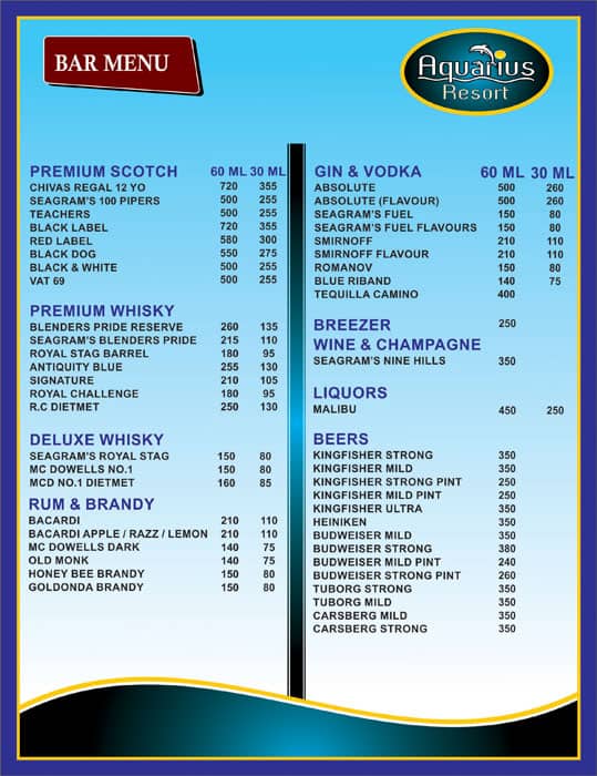 Aquarius Resort menu