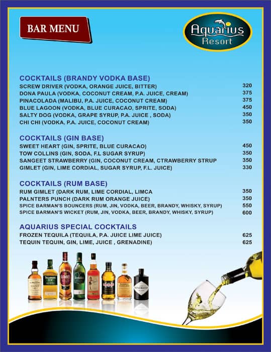 Aquarius Resort menu