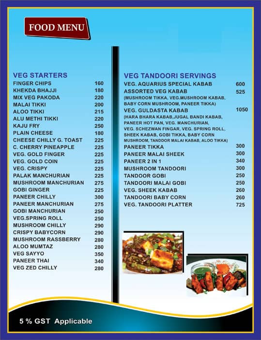 Aquarius Resort menu