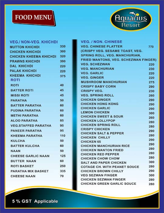 Aquarius Resort menu