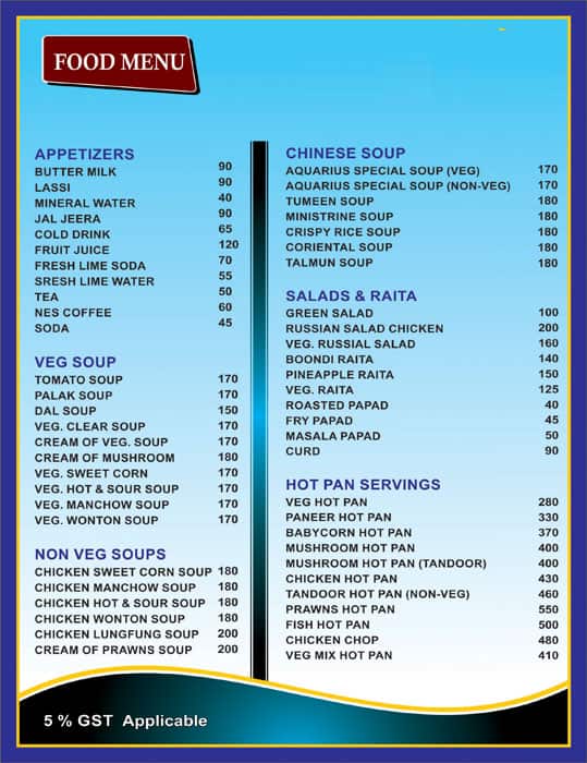 Aquarius Resort menu