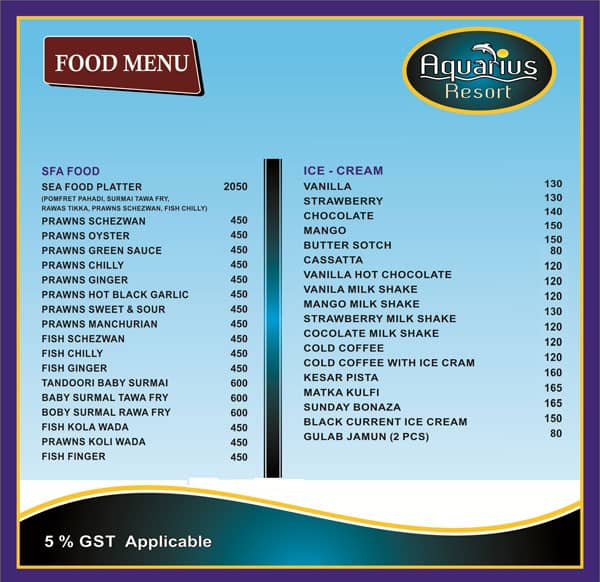 Aquarius Resort menu