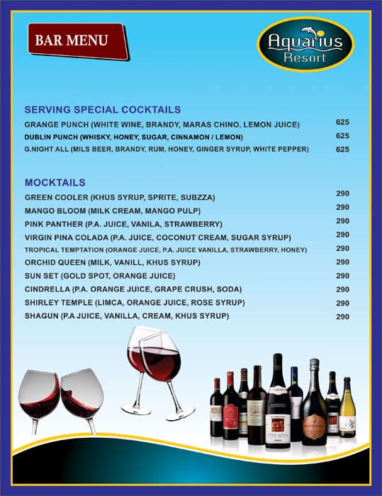 Aquarius Resort menu