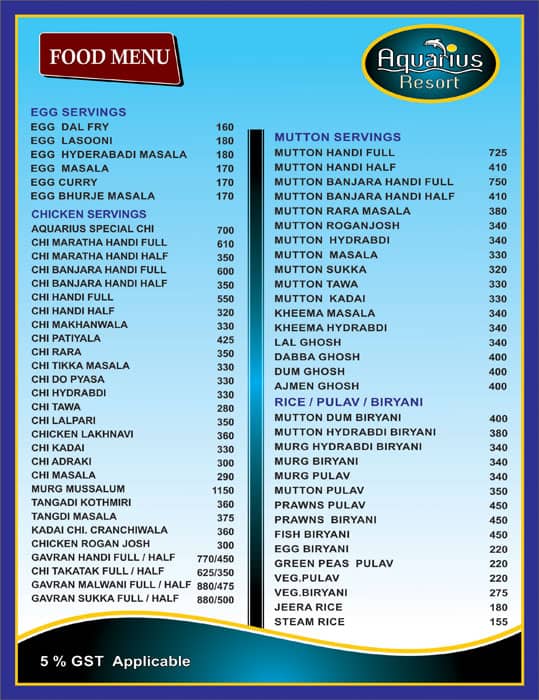 Aquarius Resort menu