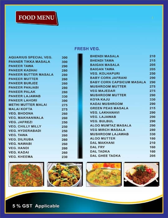 Aquarius Resort menu