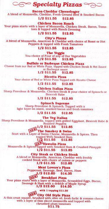 Menu at City Pizza pizzeria, Philadelphia, 100 Snyder Ave