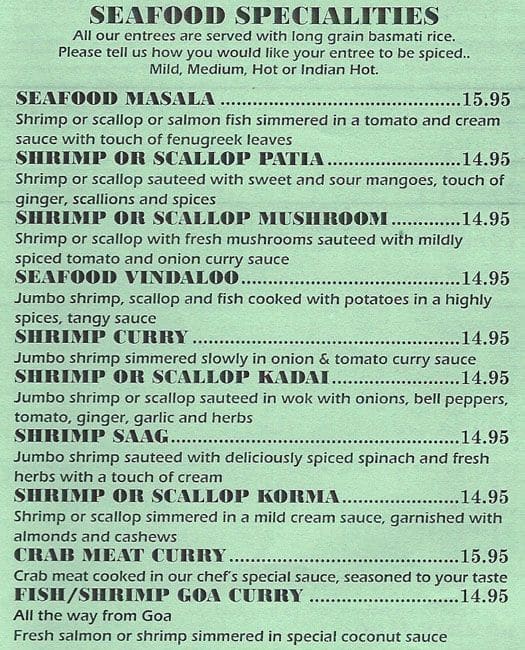 Menu at Indian Garden restaurant, Yardley