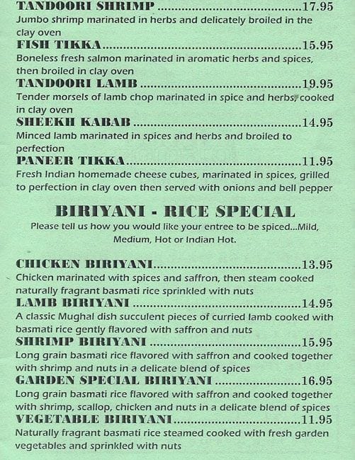Menu at Indian Garden restaurant, Yardley
