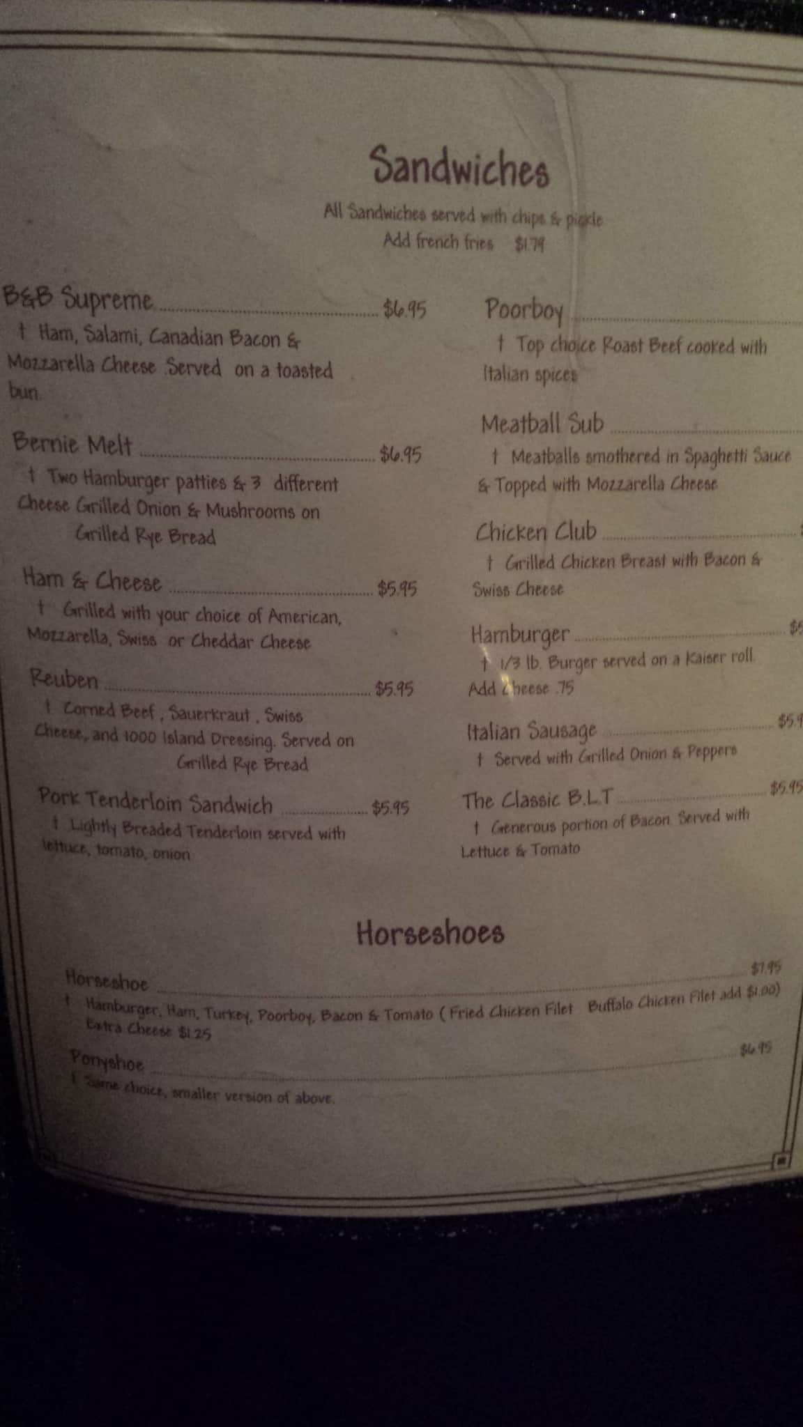 Menu at Bernie &amp; Betty's Pizza pizzeria, Springfield