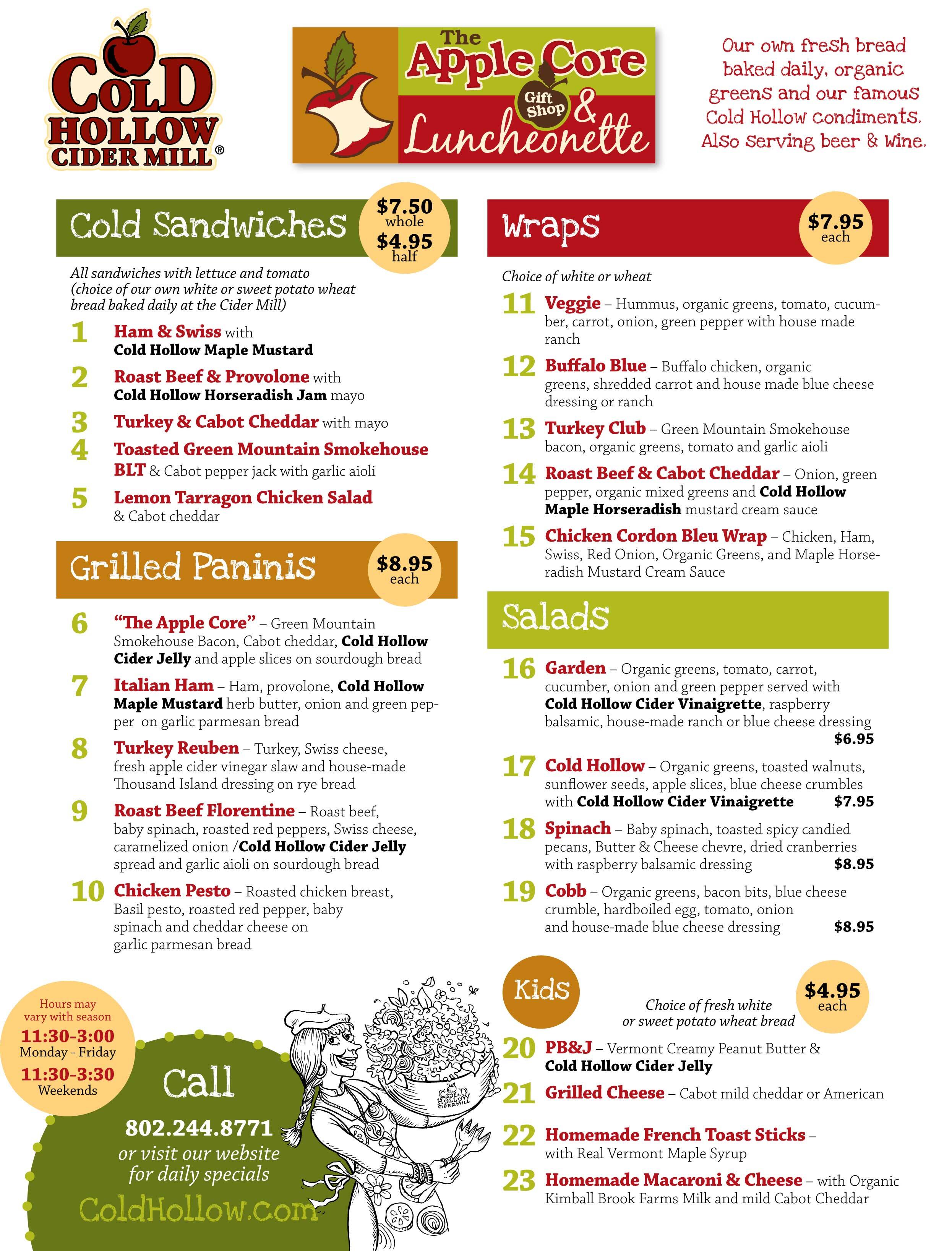 Menu at Cold Hollow Cider Mill restaurant, Waterbury Center