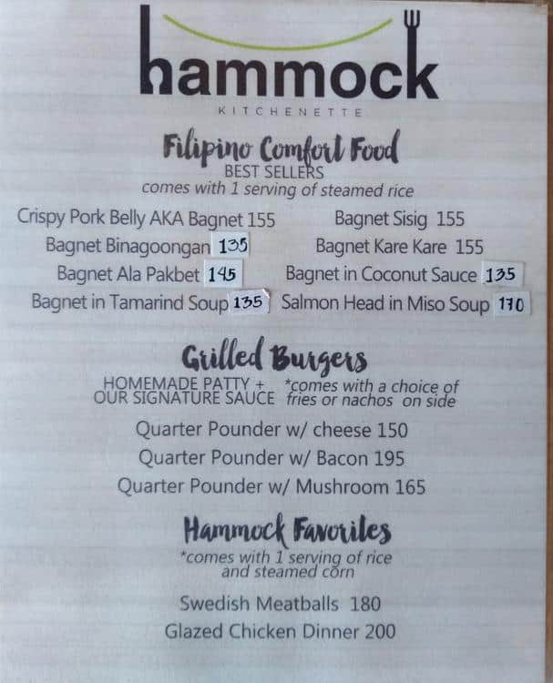 Hammock Menu, Menu for Hammock Malamig