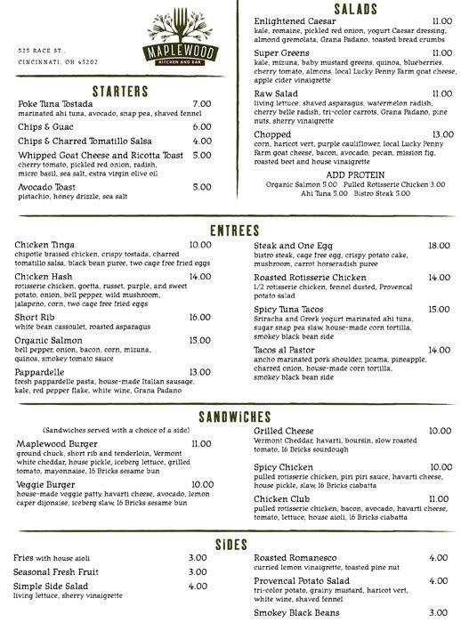 Menu at Maplewood Kitchen and Bar, Cincinnati, 525 Race St