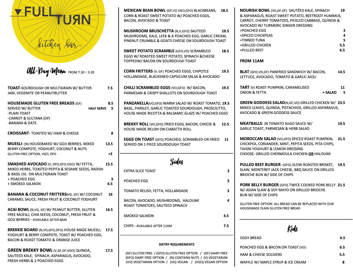 full turn kitchen bar menu