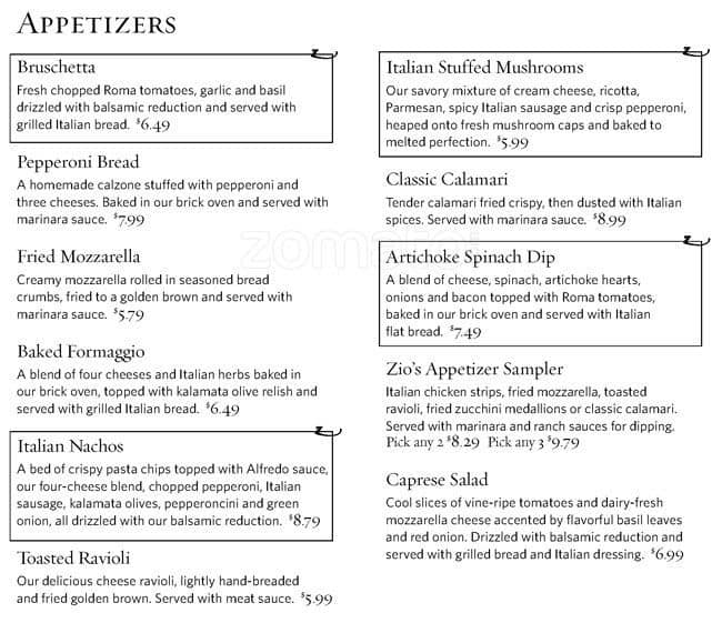 Zio's Italian Kitchen Menu Urbanspoon/Zomato