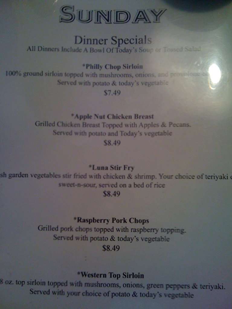 Menu at Luna's restaurant, Northfield