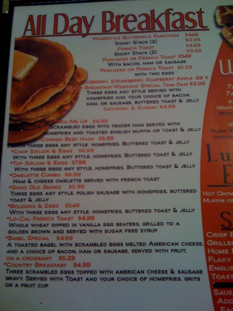 Menu at Luna's restaurant, Northfield