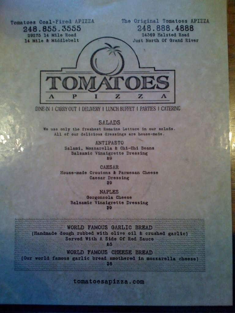 Tomatoes Apizza Menu, Menu for Tomatoes Apizza, Farmington Hills
