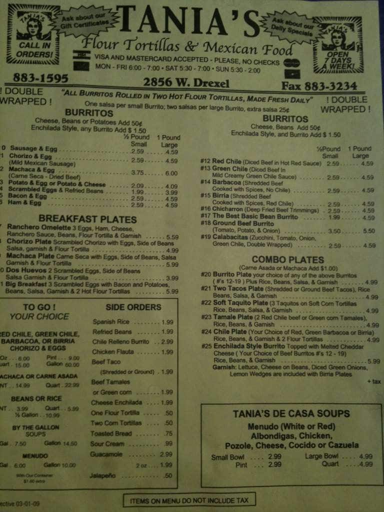 Tania's Flour Tortillas Menu Urbanspoon/Zomato