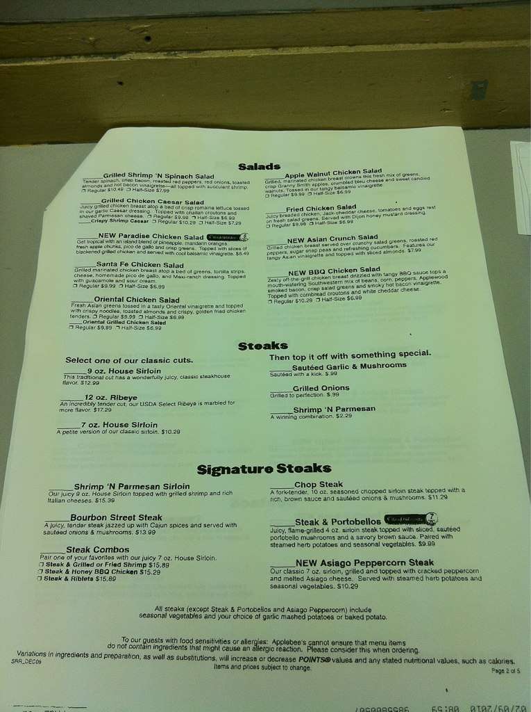 Menu at Applebee's restaurant, Houma