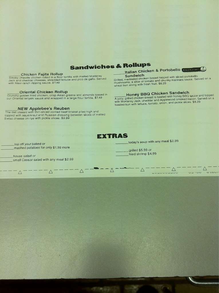 Menu at Applebee's restaurant, Houma