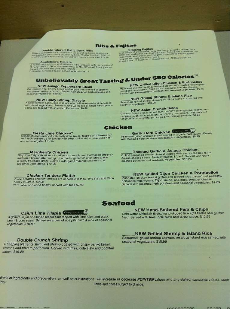 Menu at Applebee's restaurant, Houma