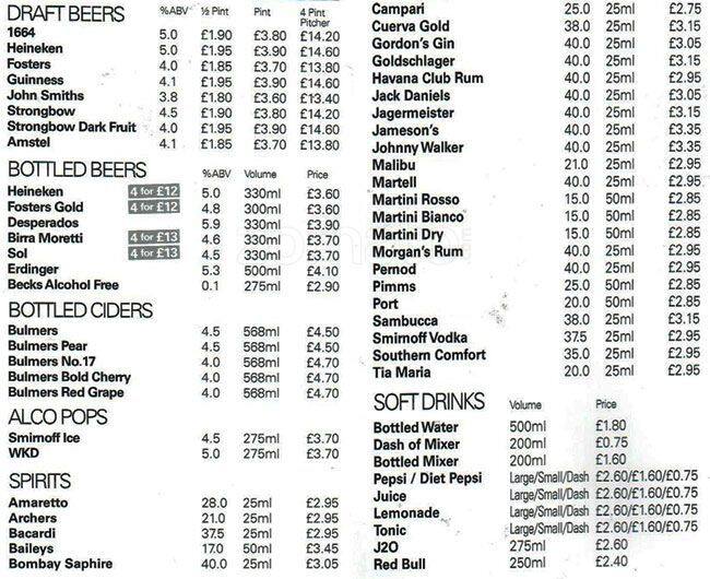 The Comedy Store menu