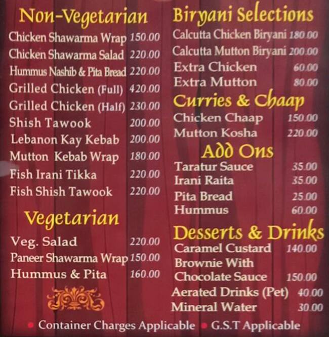 Menu at Lebanese Junction Steak House, Kolkata